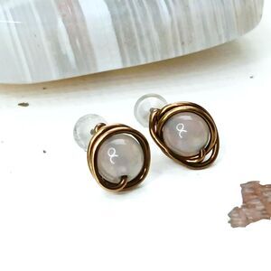 6mm Agate Crystal Studs, Wire Wrapped Gemstone Earrings, Grey Agate